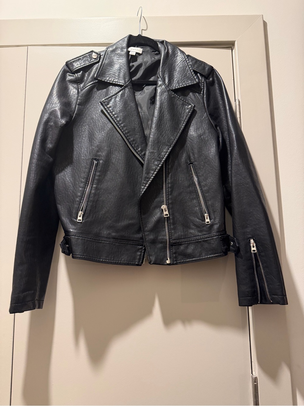 Topshop Black Faux Leather Moto Jacket with Silver Hardware